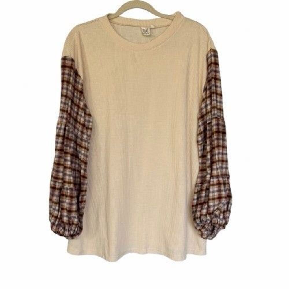 Grace & Emma Top Womens XL Plaid Sleeve Waffle Knit Tunic Balloon Cozy
